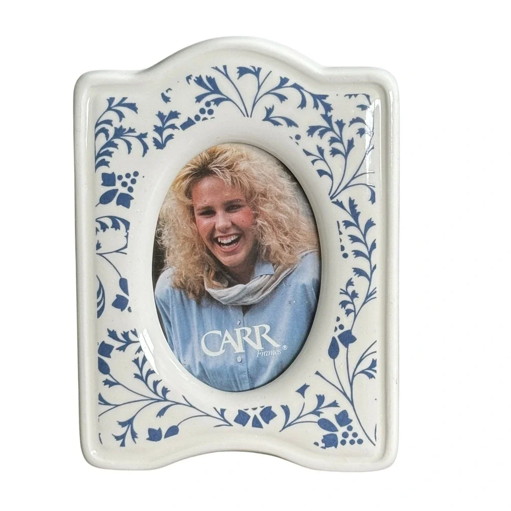 Vintage 1989 Carr Ceramic Picture Frame Blue White Floral Oval Tabletop